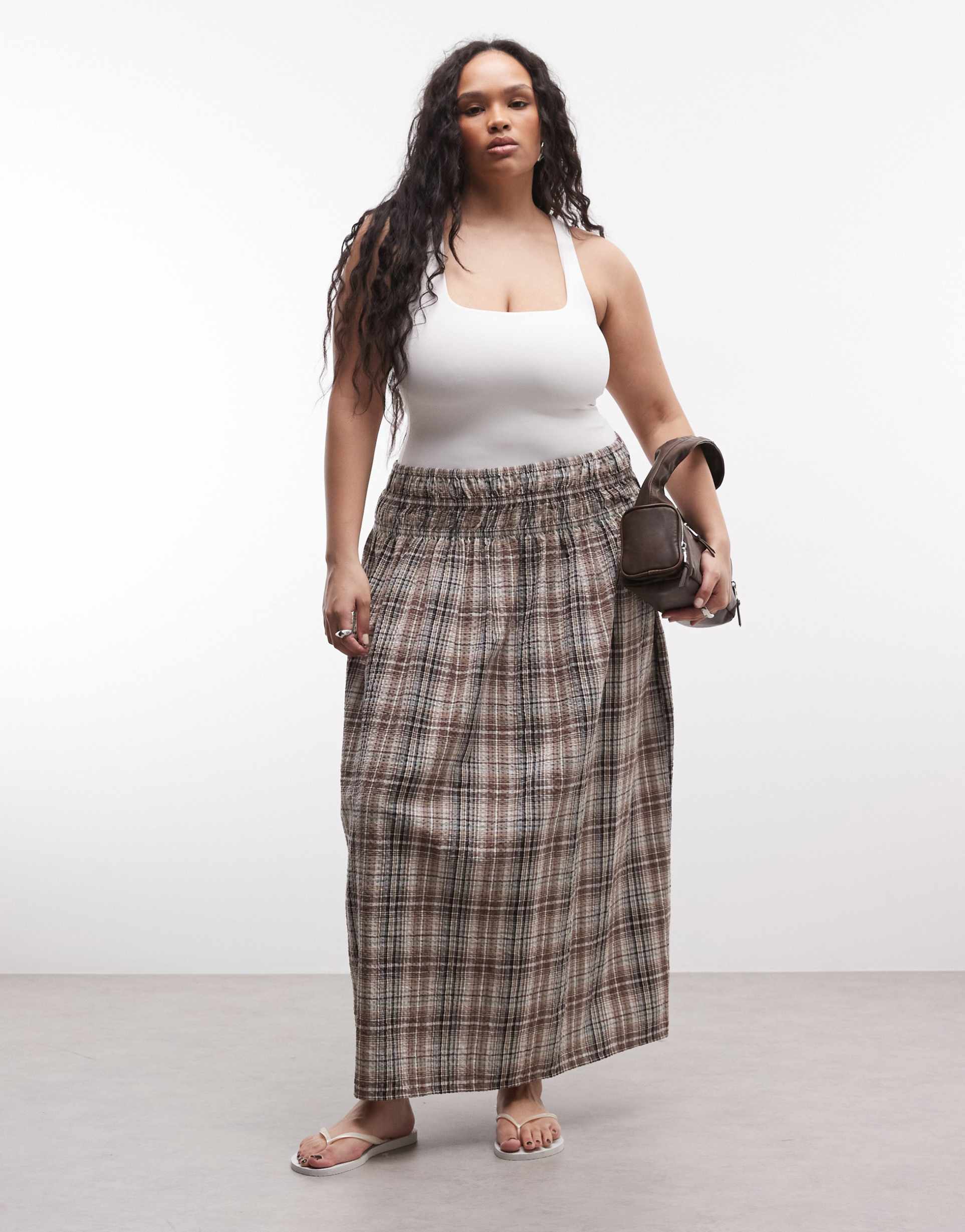 collusion plus shirred waistband maxi skirt in brown plaid