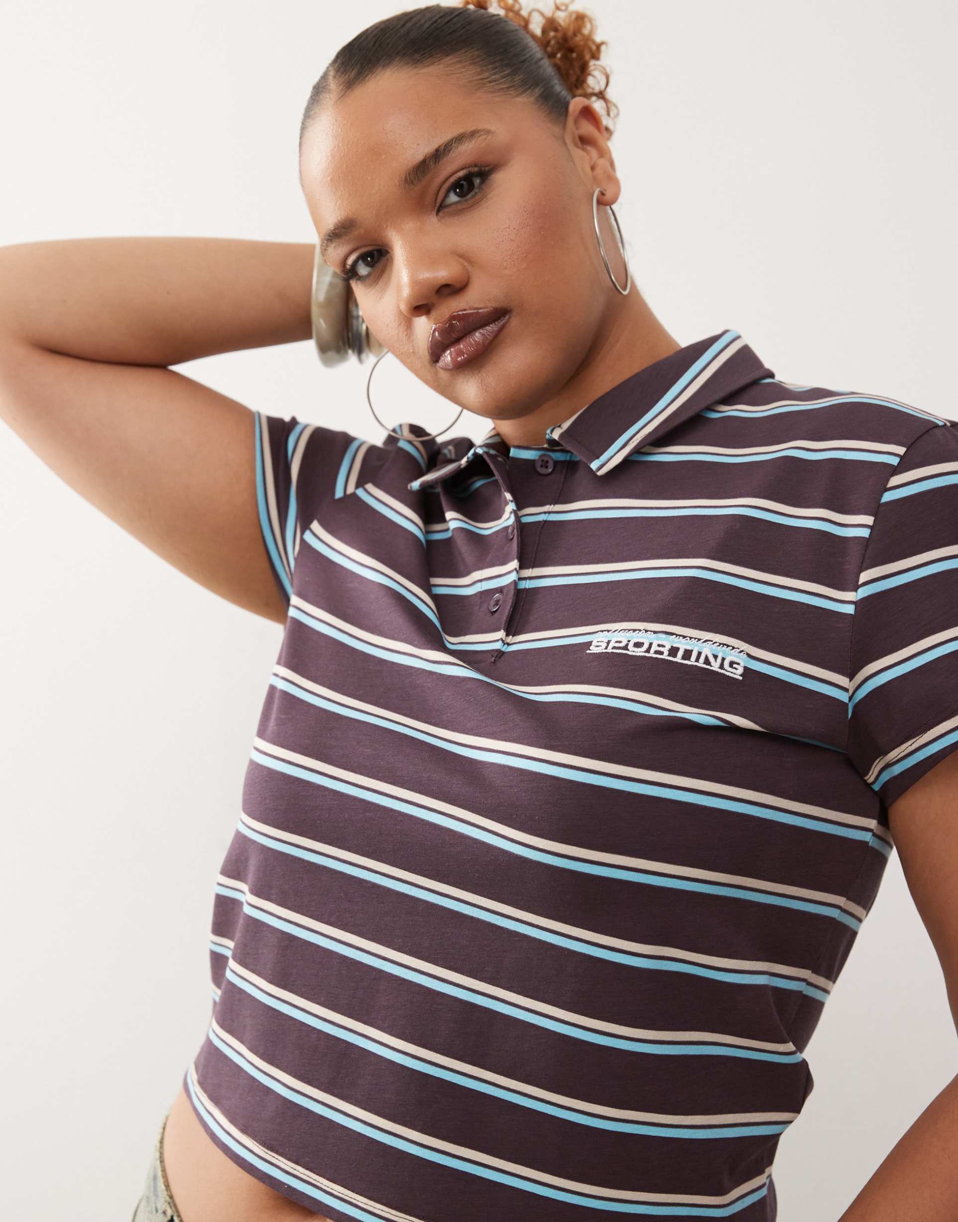 collusion plus shrunken striped polo in brown