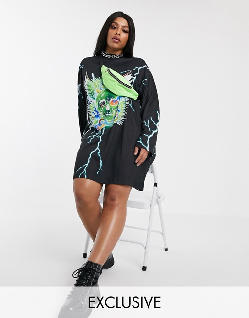 COLLUSION Plus skull and lightning long sleeve t shirt dress