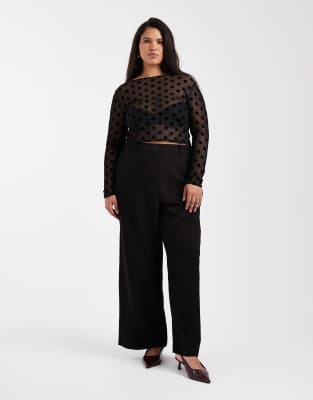 Collusion Plus Slash Neck Polka Dot Flock Long Sleeve Top-black In Black