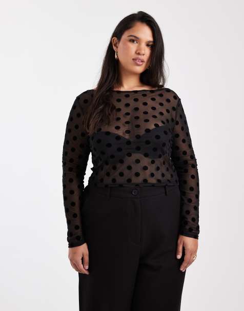 COLLUSION Plus slash neck polka dot flocked long sleeve top - view 1