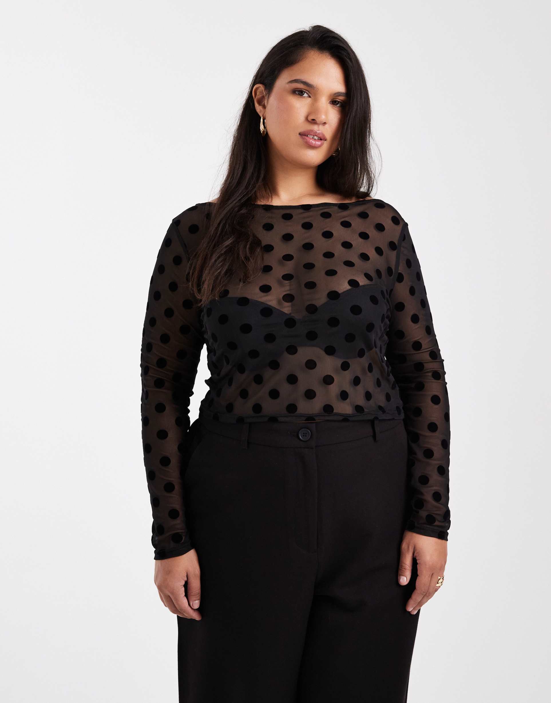 collusion plus slash neck polka dot flocked long sleeve top