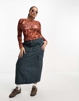 Collusion Slash Neck Printed Long Sleeve Top In Multi In Multi