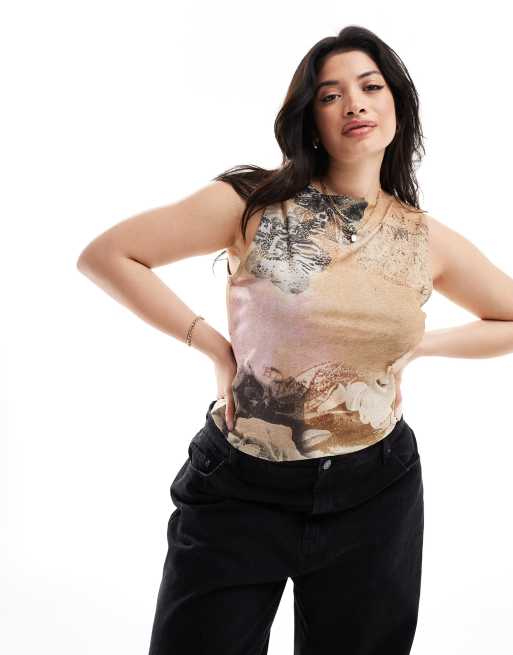 COLLUSION Plus slash neck printed tank top in multi