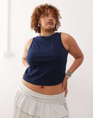 Collusion COLLUSION Plus slash neck ribbed vest in navy-Blue