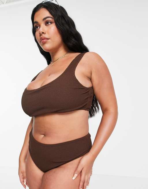 COLLUSION Plus - Slip bikini sgambati anni '80 in tessuto stropicciato marrone, 3 di 4