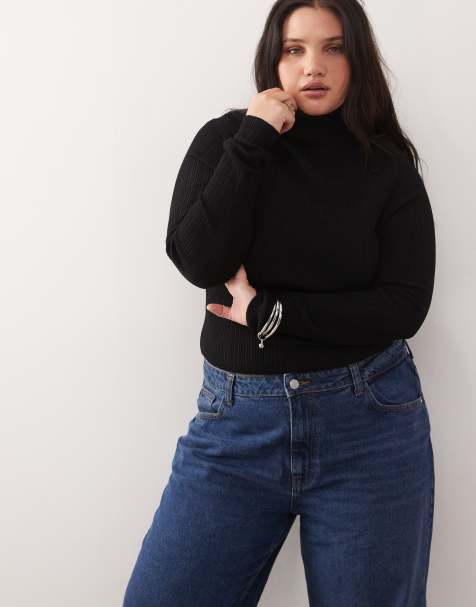COLLUSION plus soft knitted ribbed roll neck in black - view 1