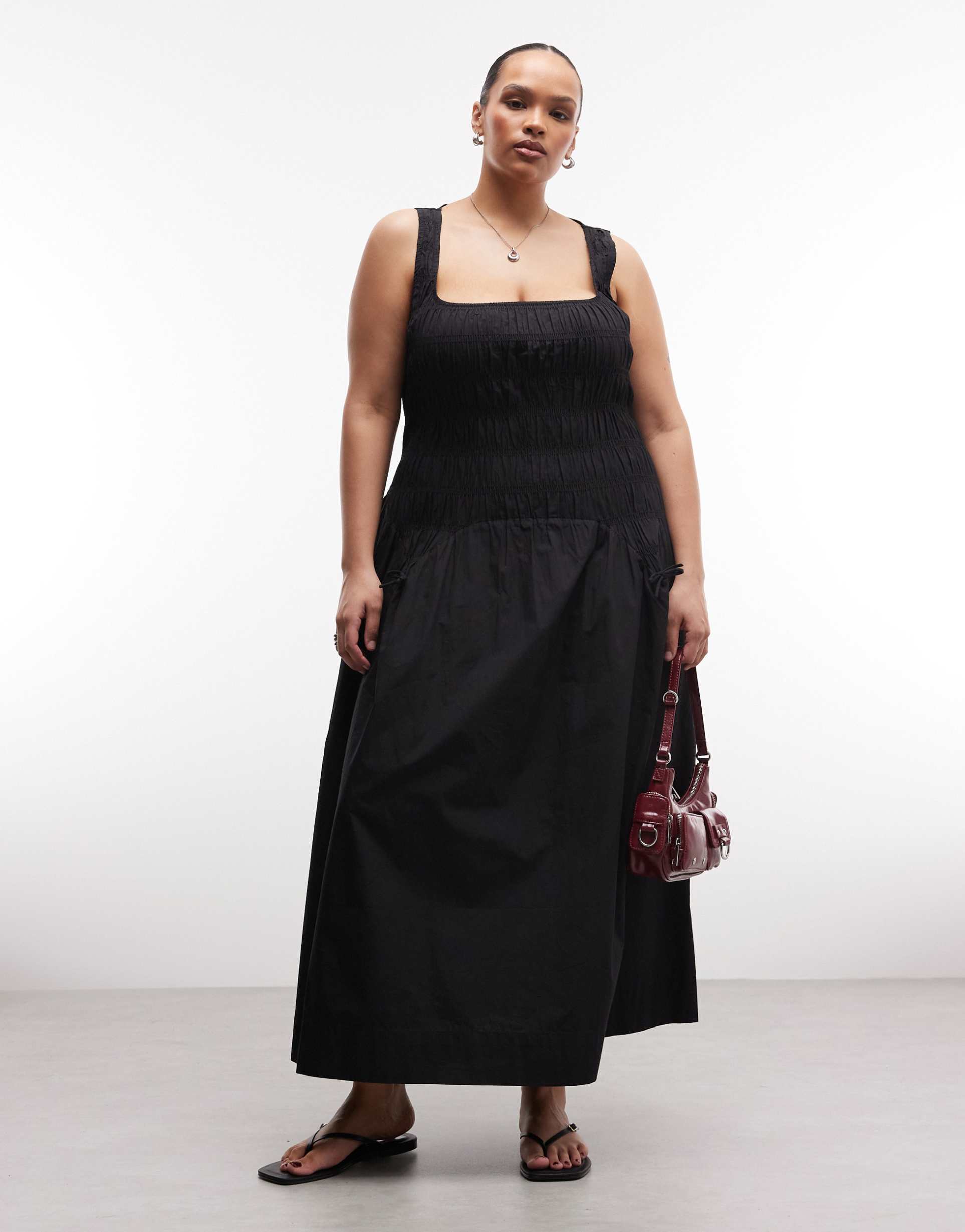 collusion plus square neck shirred midi dress in black
