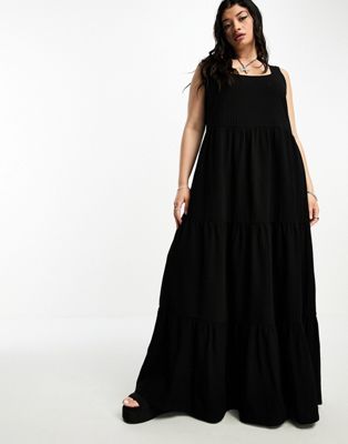 COLLUSION Plus square neck tiered maxi dress in black