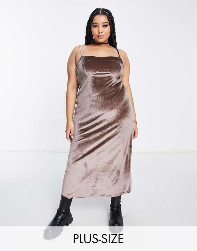 COLLUSION Plus straight neck seam detail midi dress in brown