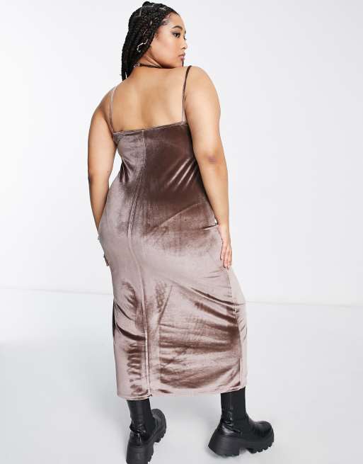 COLLUSION Plus straight neck seam detail midi dress in brown ASOS