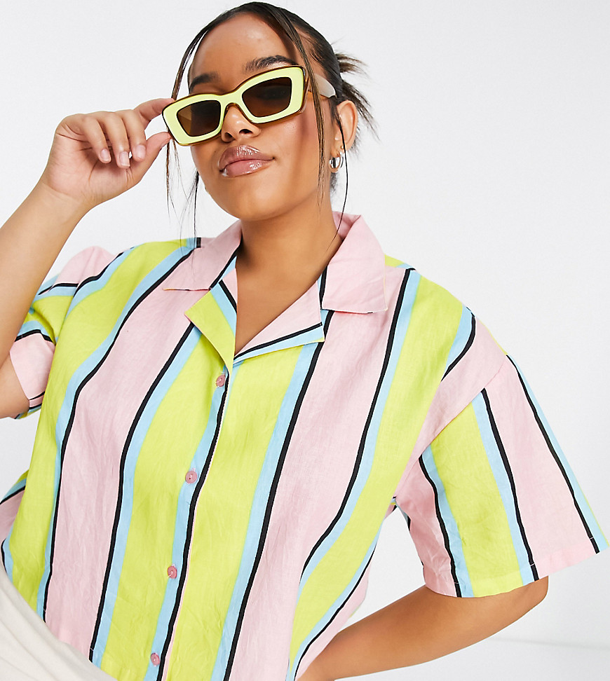 Plus-size shirt by COLLUSION Exclusive to ASOS Stripe print Revere collar Button placket Cropped length Relaxed fit