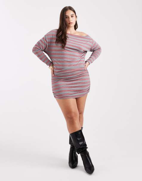 COLLUSION Plus stripe off-shoulder dress in pink glitter stripe - view 1