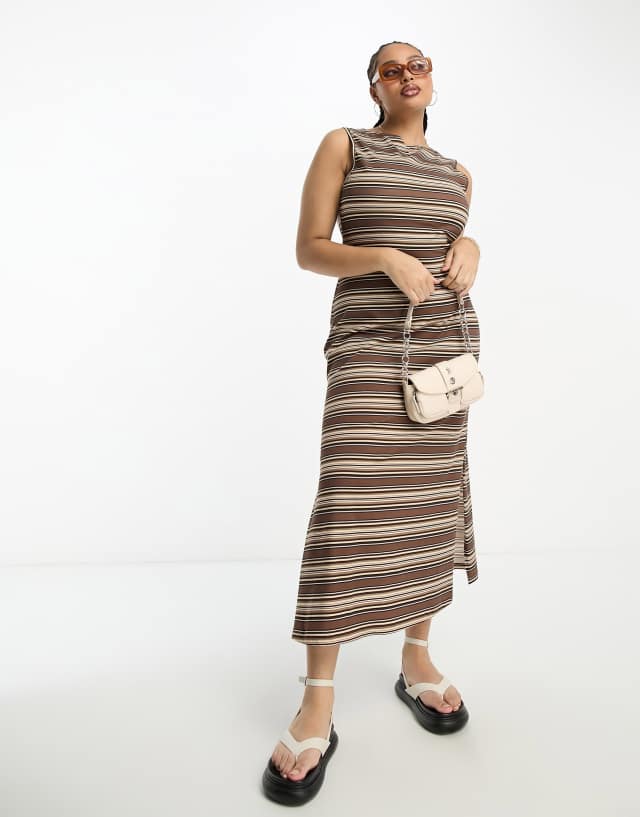 COLLUSION Plus stripe slash neck maxi dress in brown