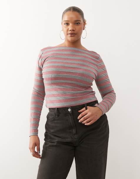 COLLUSION Plus stripe slash neck top in pink glitter stripe