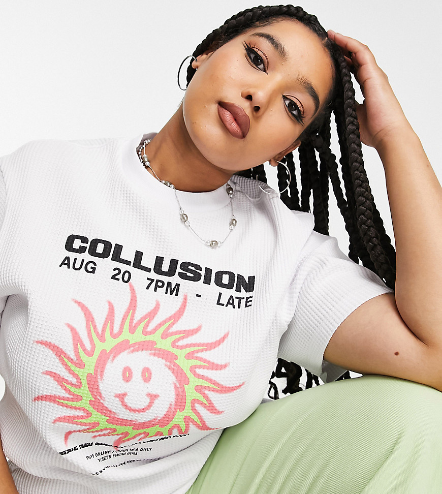 COLLUSION Plus sun print waffle oversized T-shirt in white