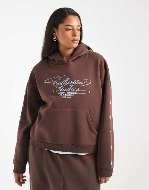COLLUSION Plus - Sweat à capuche d'ensemble avec logo et étoiles - Chocolat, 4 de 4