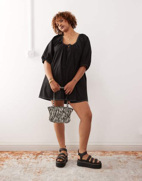 COLLUSION Plus swing puff sleeve mini smock dress in black - view 1
