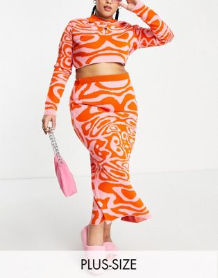 COLLUSION Plus swirl jacquard fitted maxi skirt co-ord in pink and orange