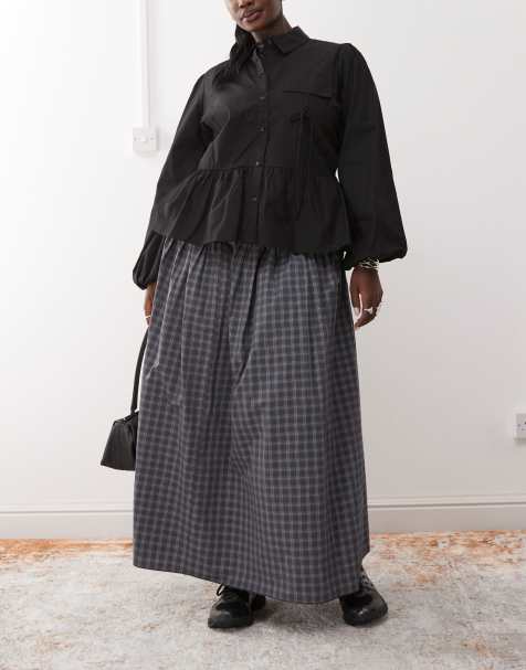 COLLUSION Plus drop waist print maxi skirt in grey check