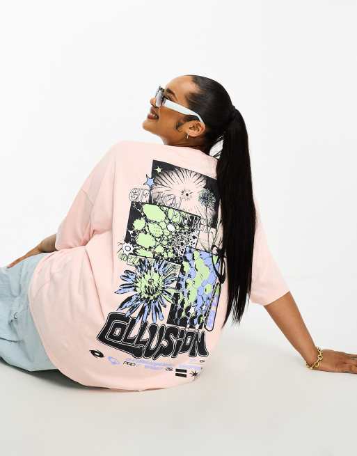 COLLUSION Plus – T-Shirt in Hellrosa mit Grafikprint auf dem Rücken