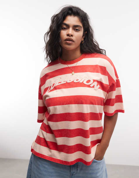 COLLUSION Plus - T-shirt rosa e rossa a righe con applicazioni - view 1