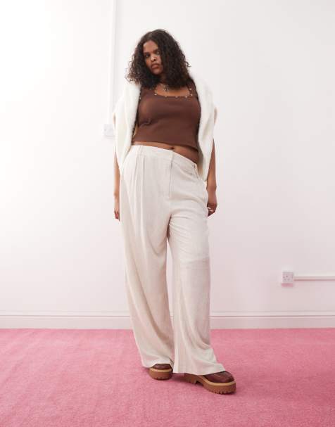COLLUSION Plus tailored linen blend trousers in stone - view 1