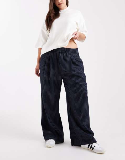 COLLUSION Plus tailored pull on trouser in navy stripe - view 1