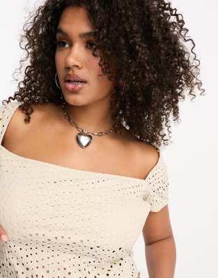 Collusion Textured Square Neck Short Sleeve Top In Stone - Part Of A Set-neutral In Neutral