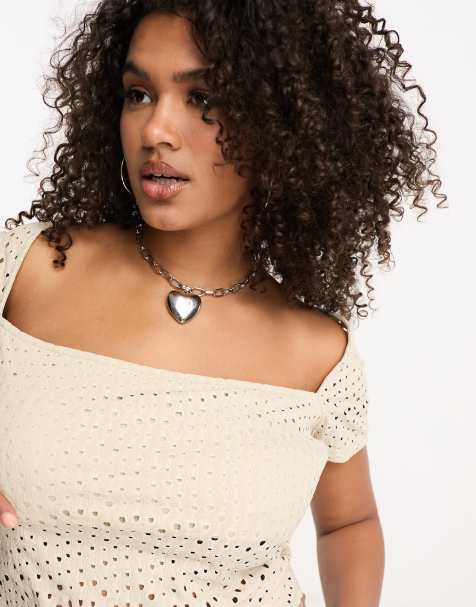 COLLUSION Plus textured square neck short sleeve top in stone - view 1