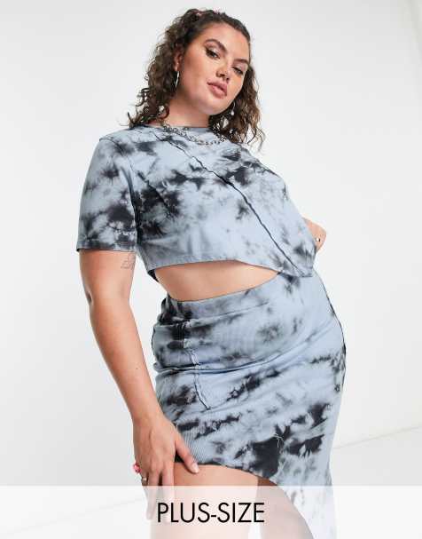 COLLUSION Plus tie dye asymmetric hem t-shirt co-ord in blue - view 1