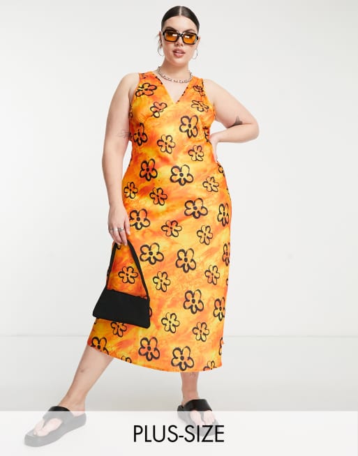 Women Plus Size Orange Floral Printed V-Neck Sleeveless, 45% OFF