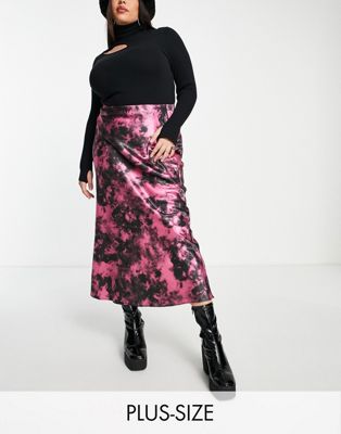 COLLUSION Plus tie dye satin maxi skirt pink & black