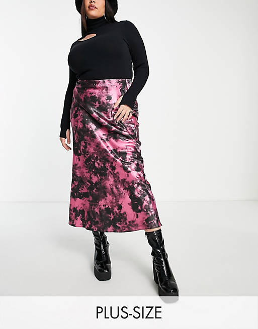Women COLLUSION Plus tie dye satin maxi skirt pink & black 