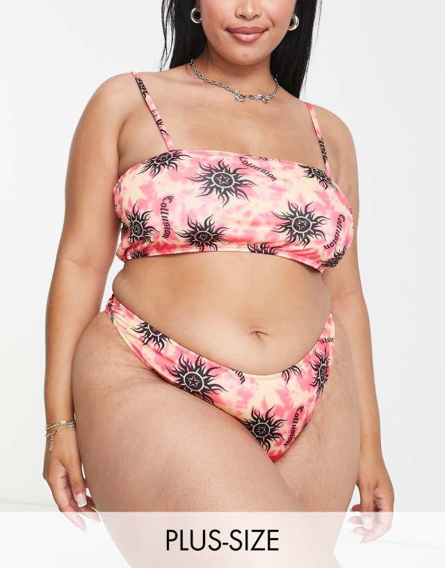 COLLUSION Plus tie dye sun print bikini top with double strap in pink