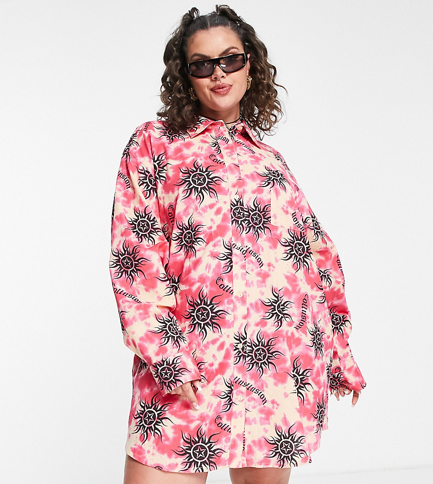 Plus-size dress by COLLUSION Exclusive to ASOS Tie-dye design All-over sun print Spread collar Button-through front Oversized fit