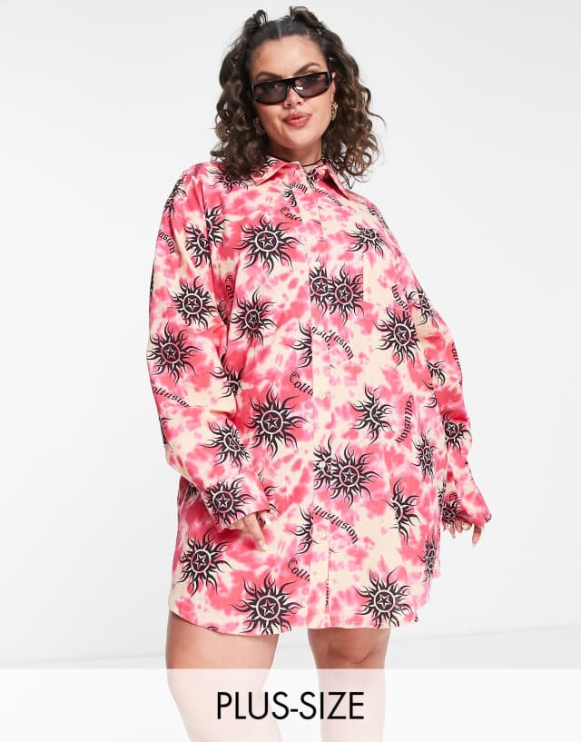 COLLUSION Plus tie dye sun print shirt dress in pink