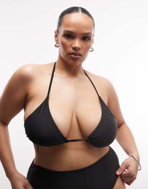 COLLUSION Plus tie front triangle bikini top in black - view 1