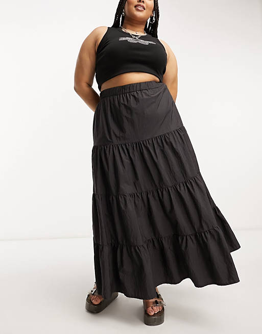 COLLUSION Plus tiered taffeta maxi skirt in black