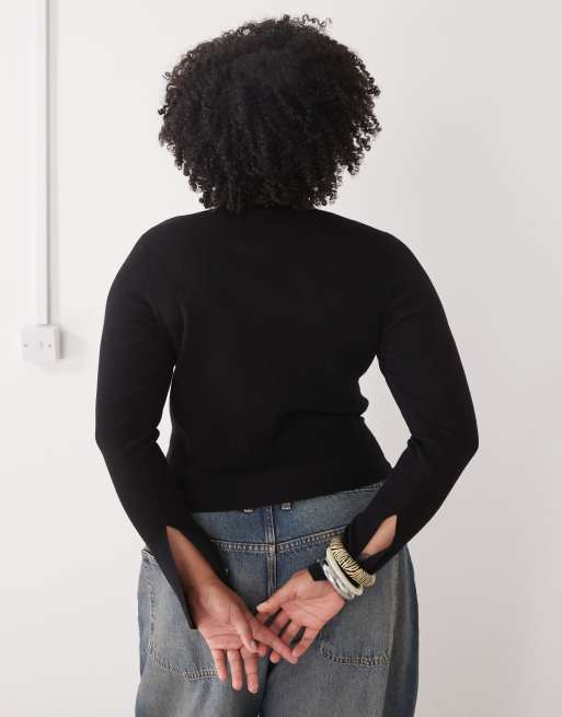 COLLUSION Plus - Top a maniche lunghe in maglia nero con scollo a barchetta, 3 di 4