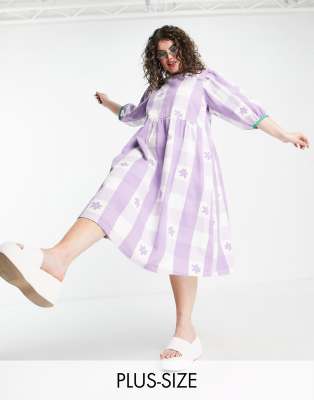 Collusion Plus Twill Gingham Midi Smock Dress In Lilac-purple | ModeSens
