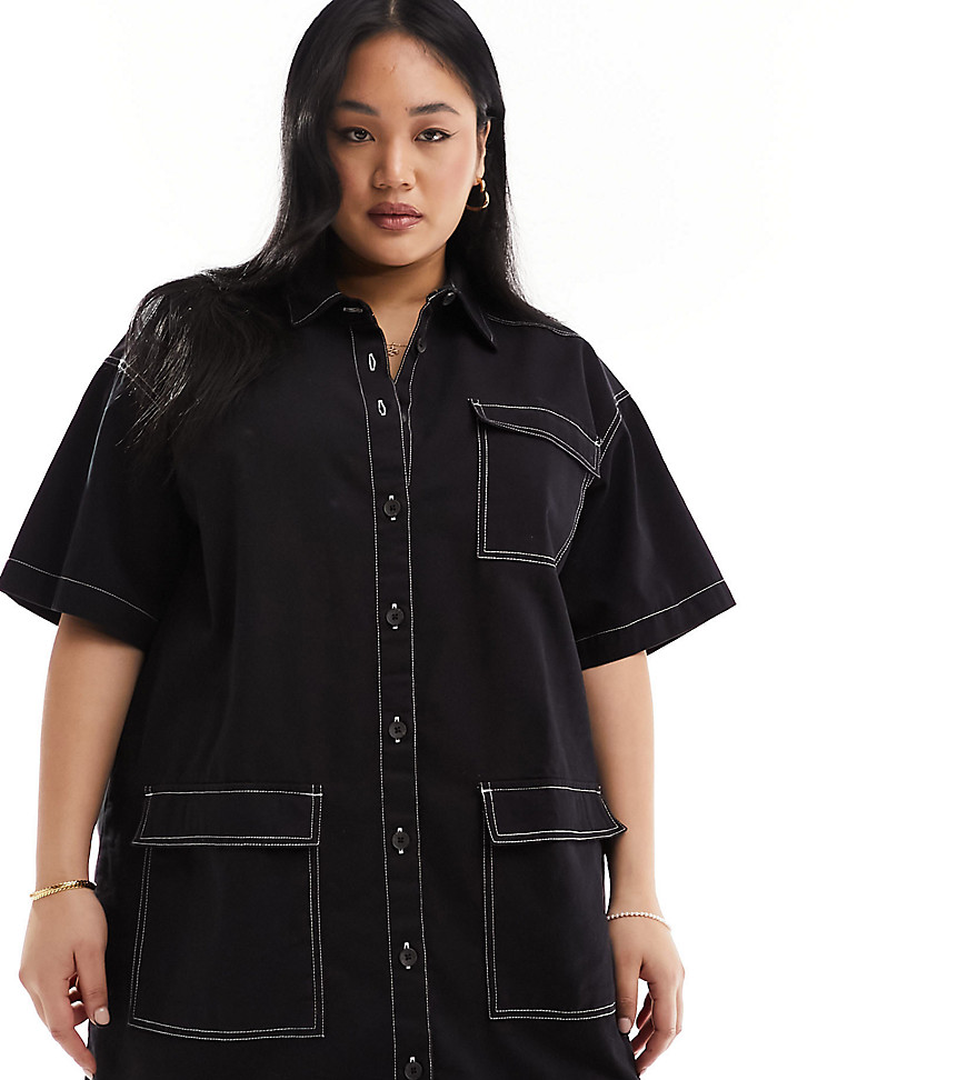 Collusion Plus Twill Mini Pocket Shirt Dress With Contrast Stitch Detail In Black