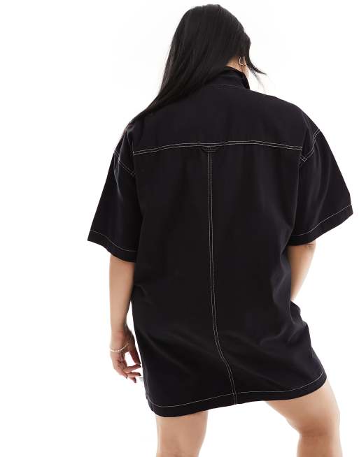 COLLUSION Plus twill mini pocket shirt dress with contrast stitch detail in black, 4 of 4