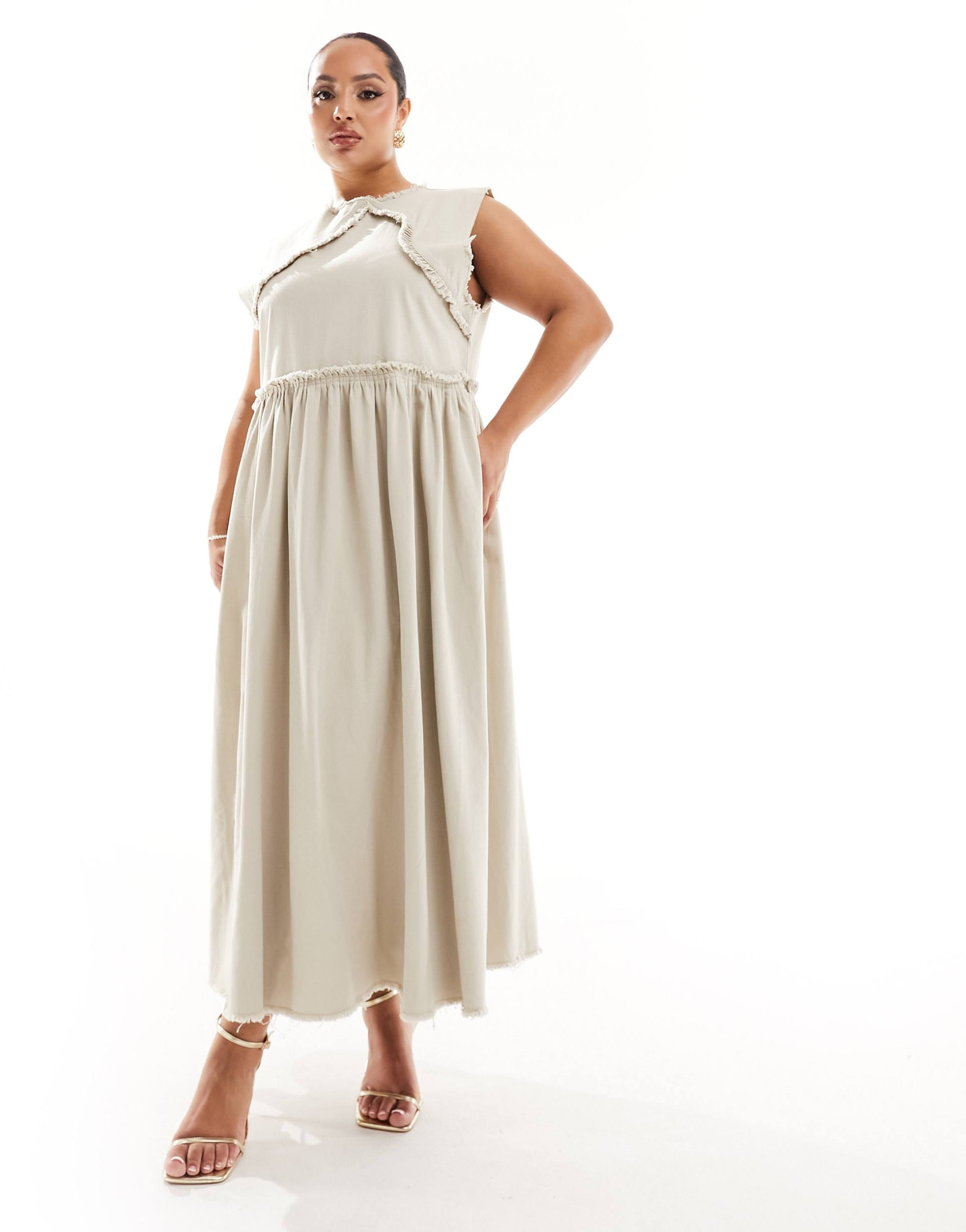 collusion plus twill raw hem maxi smock dress in stone