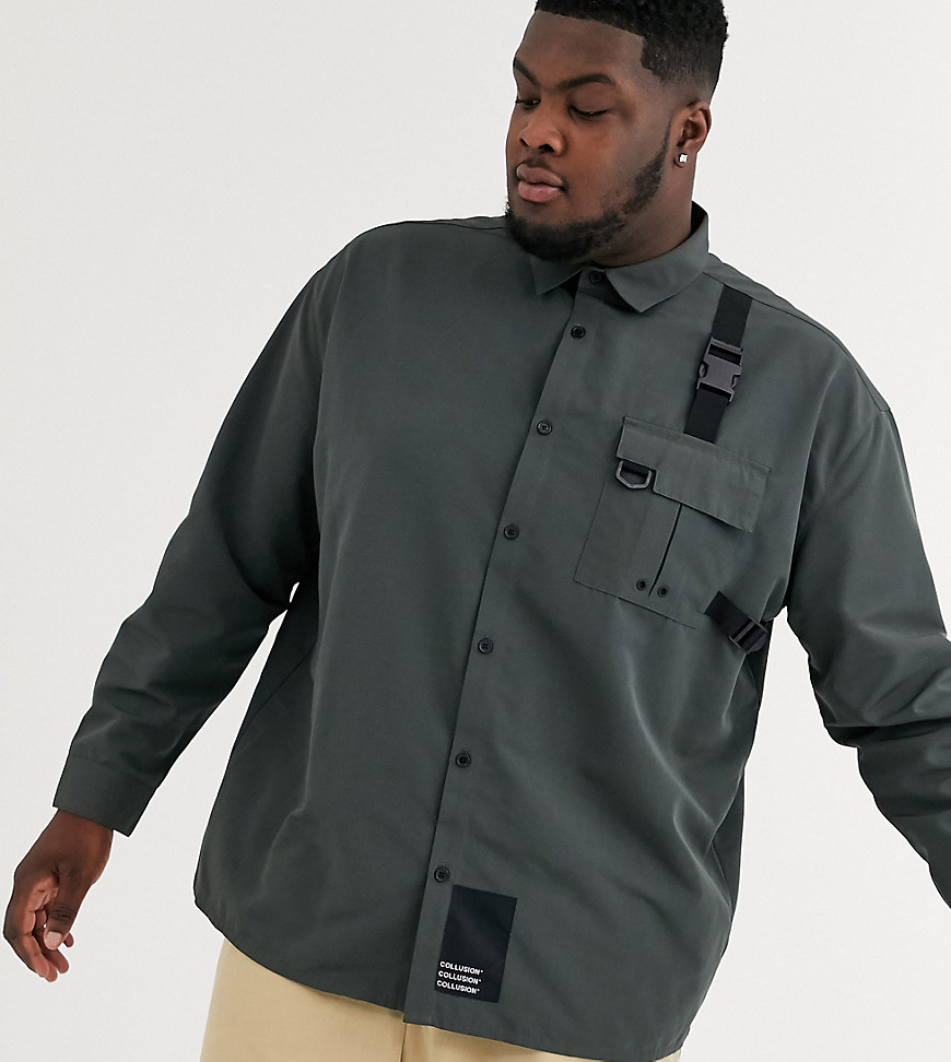 COLLUSION Plus twill shirt with buckle details-Grey