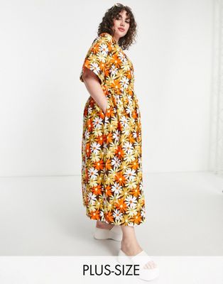 COLLUSION Plus twill wrap maxi smock dress in orange floral print