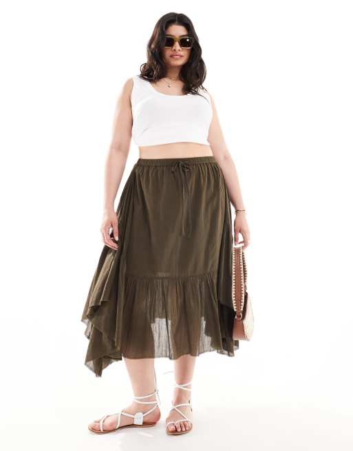 COLLUSION Plus – Ultimate – Asymmetrisch geschnittener Western-Midirock in dunklem Khaki
