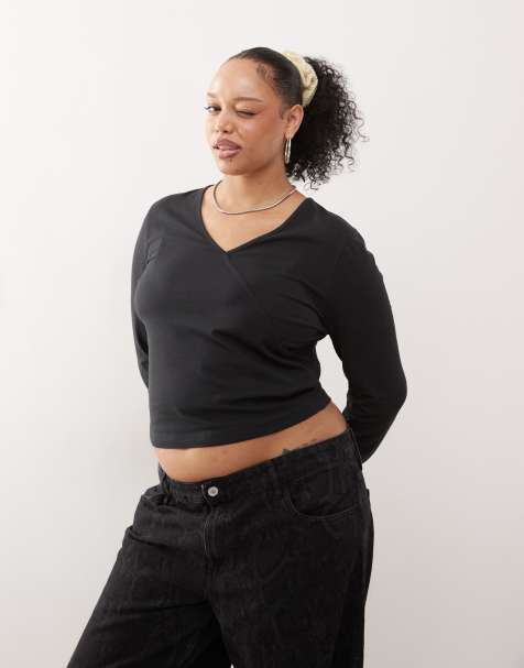 COLLUSION Plus v-neck long sleeve top in black - view 1