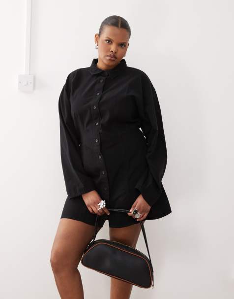COLLUSION Plus - Vestito camicia corto in twill nero con maniche sagomate - view 1