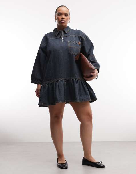 COLLUSION Plus - Vestito grembiule lavaggio scuro con maniche a sbuffo - view 1